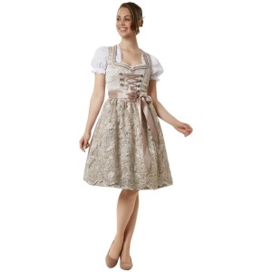 Tectake Midi Dirndl Ella Champagner: Elegantes Trachtenkleid in Rosé- und Beigetönen mit Spitzenschürze.