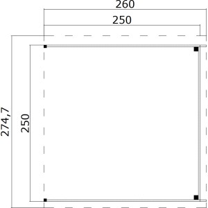 Technische Zeichnung: Dachverlängerung Schwedenrot für Zambezi Gartenhaus, 250x250 cm Fundamentmaß.