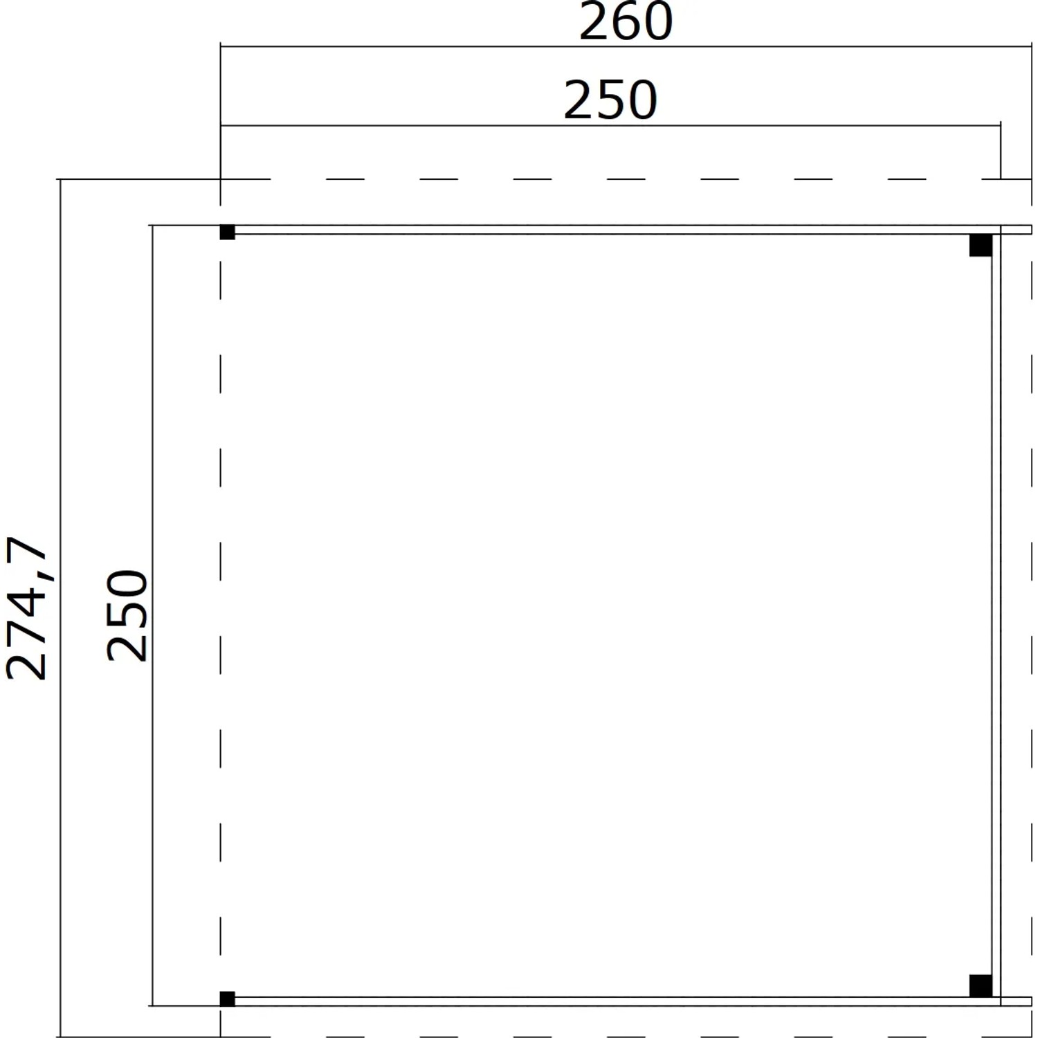 Technische Zeichnung: Dachverlängerung Schwedenrot für Zambezi Gartenhaus, 250x250 cm Fundamentmaß.