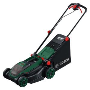 Bosch Akku-Rasenmäher Rotak 18V2-38 mit Akku und Ladegerät. Grün-schwarzes Design.