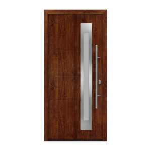 EcoStar Haustür Isopro IP 780S Dark Oak, 110x210 cm, DIN R, mit Edelstahlgriff und schmalem Glaseinsatz.