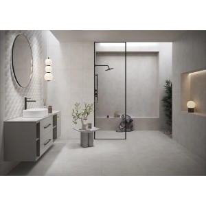 Modernes Bad mit Cersanit Wandfliese Steingut Lichtgrau Decoration 30x60.