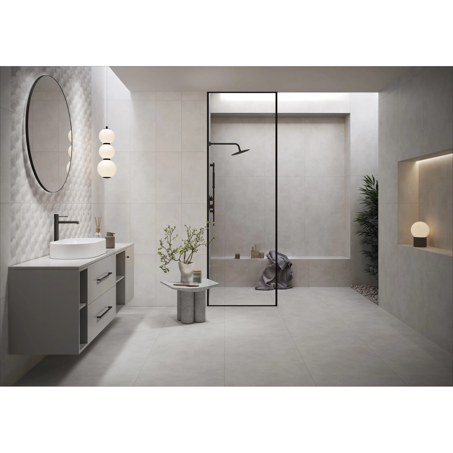 Modernes Bad mit Cersanit Wandfliese Steingut Lichtgrau Decoration 30x60.
