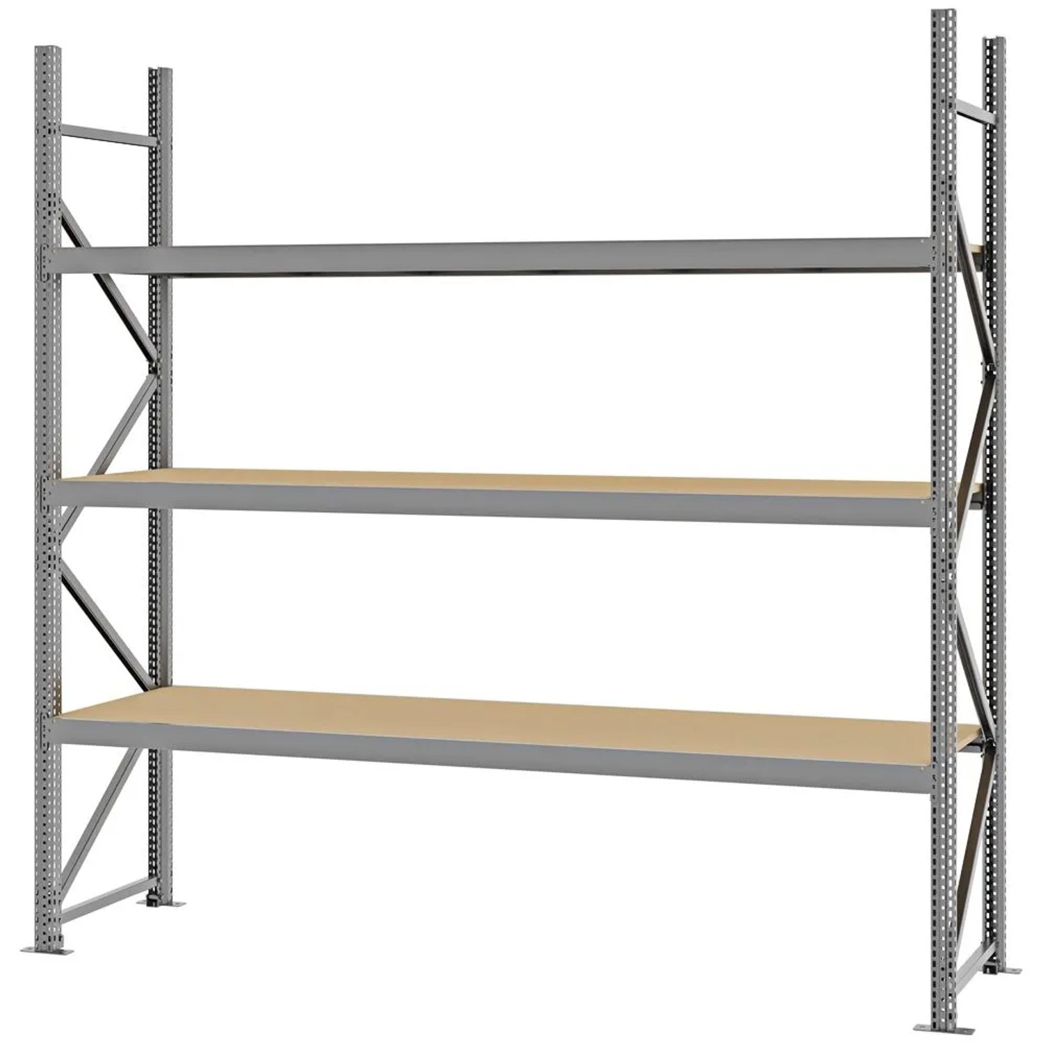 PROREGAL Weitspannregal Schraub-Stecksystem MAGNUS PRO Made In Germany Grundregal 250x250x60cm 3 Ebenen Spanplattenböden Fachlast 430kg Verzinkt