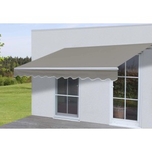 MCW Alu-Markise H790, 4x3m, grau-braun, ausgefahren über Fenster und Tür.