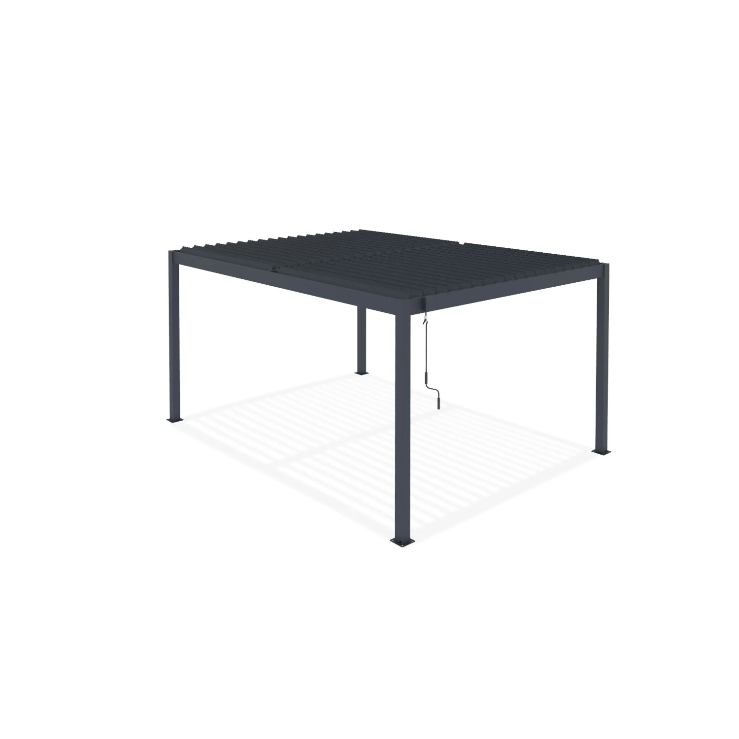 Freistehende, graue Cazeboo Piana Bioklimatische Pergola 4x3m aus Aluminium mit Stahl Lamellen.