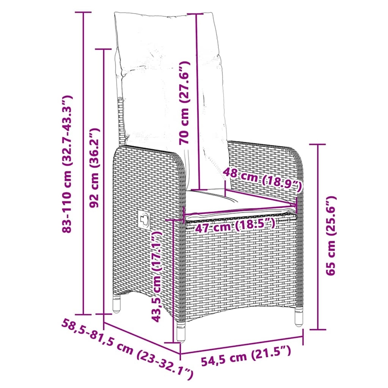 Maße des beigen vidaXL Gartenstuhls aus Polyrattan mit Kissen, Teil des 7-tlg. Bistro-Sets.