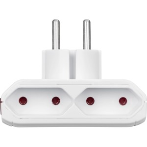 Weißer Euro-Übergangsstecker 2-fach mit Schalter für zwei Eurostecker.