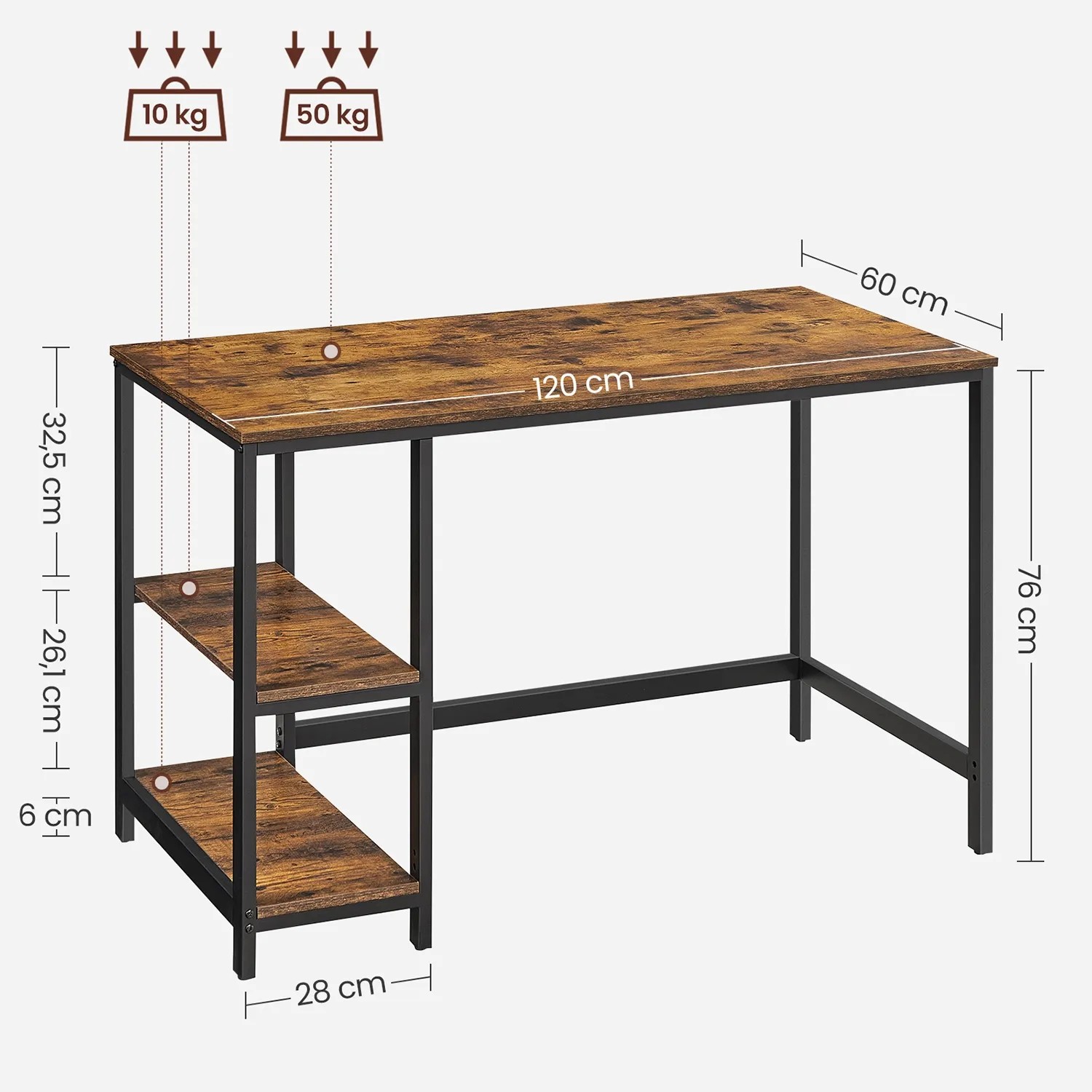 Vasagle Schreibtisch in Braun-Schwarz mit 2 Ablagen, 120x60x76 cm.