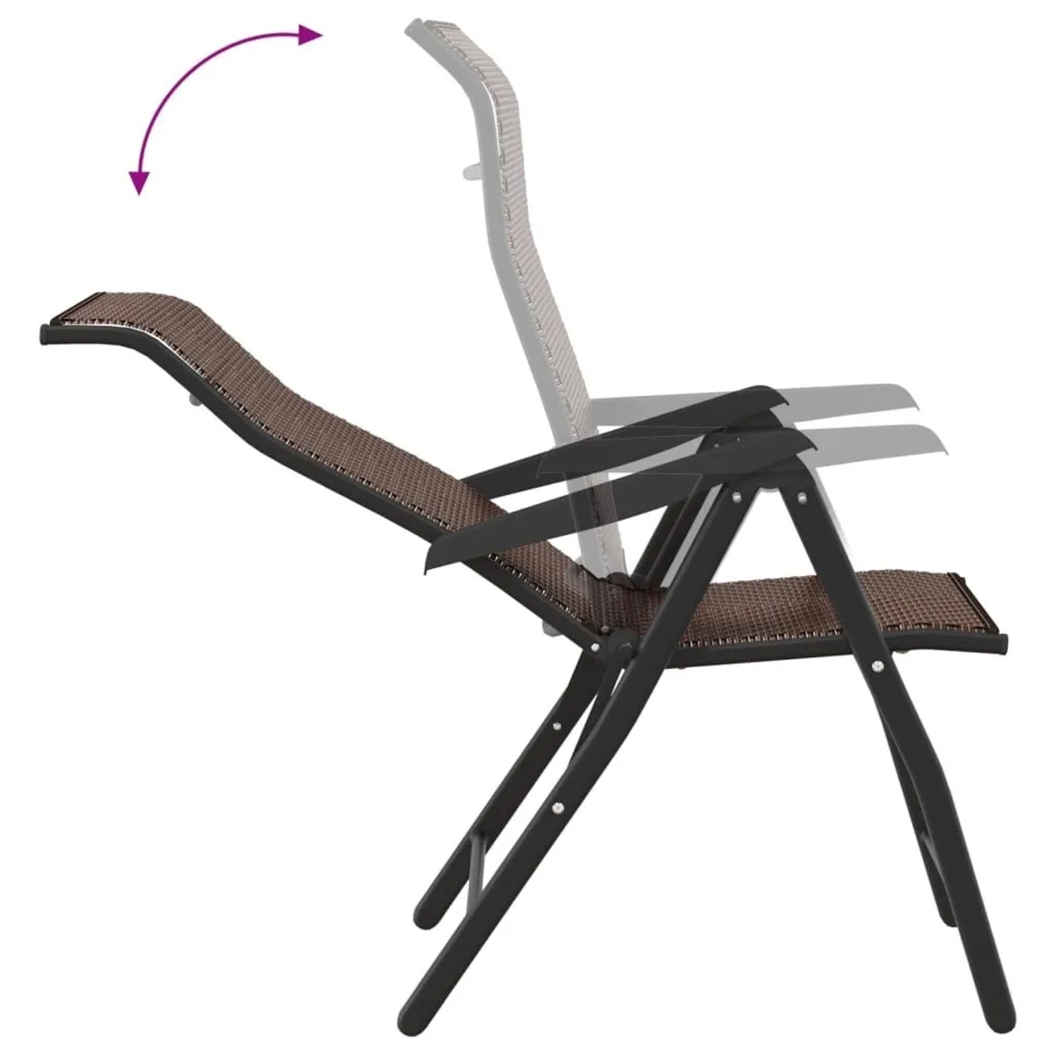 Brauner Poly Rattan Gartenstuhl, klappbar, mit schwarzem Gestell. Zeigt die verstellbare Rückenlehne in Bewegung.