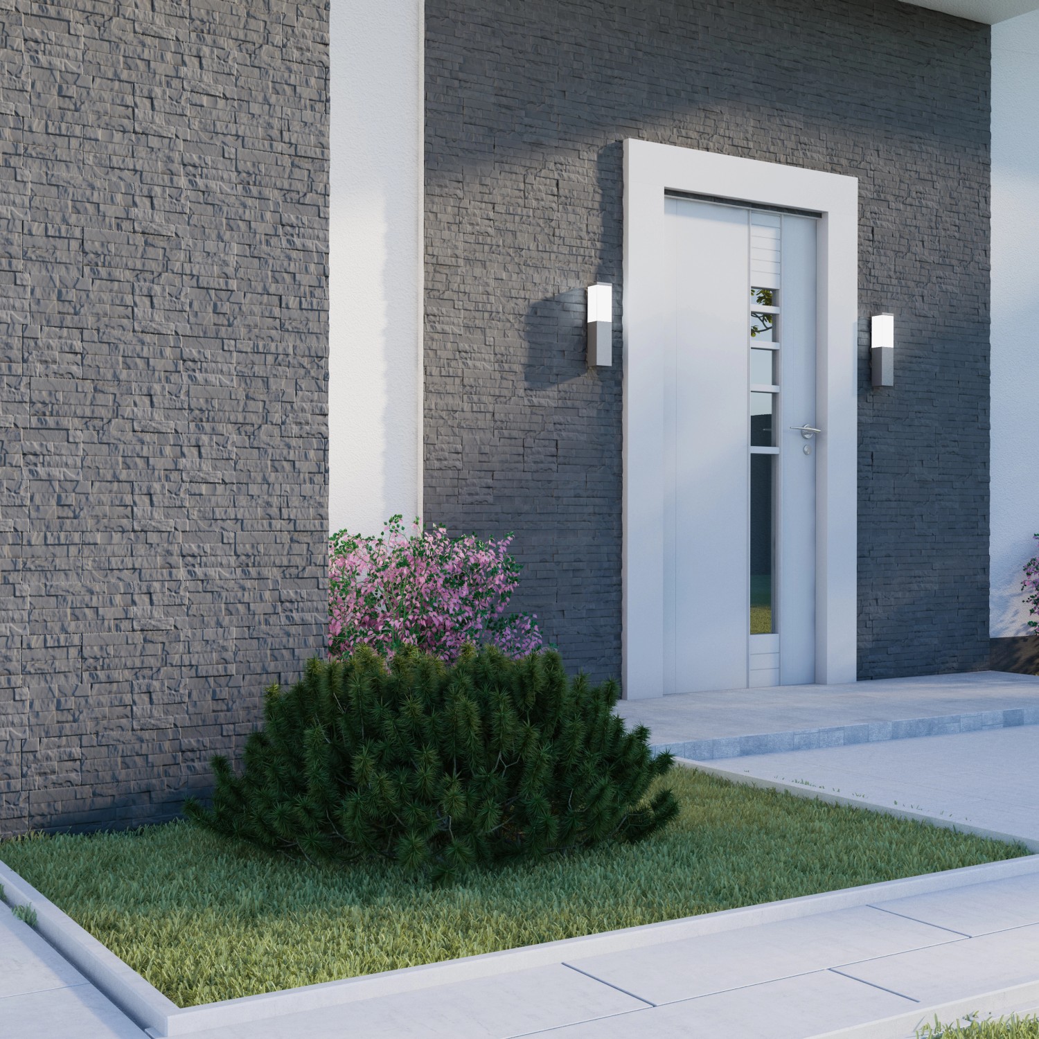 Hausfassade mit Stegu Verblender Umbria Grau Leichtbeton. Moderne Wandverkleidung im Außenbereich.