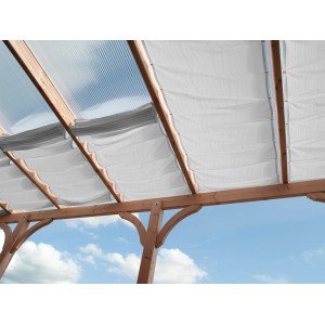 Floracord Vierecksonnensegel, silbergrau, 380x96 cm, montiert an einer Holzpergola.