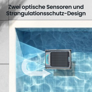 Solarbetriebener Poolroboter Surfer S2 mit optischen Sensoren im Pool. Reinigt Oberfläche, zeigt Wendebewegung.