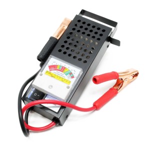 Schwarzer Wiltec Batterietester 6/12V mit analoger Anzeige, roten/schwarzen Klemmen. Für Auto & Kfz-Akkus.