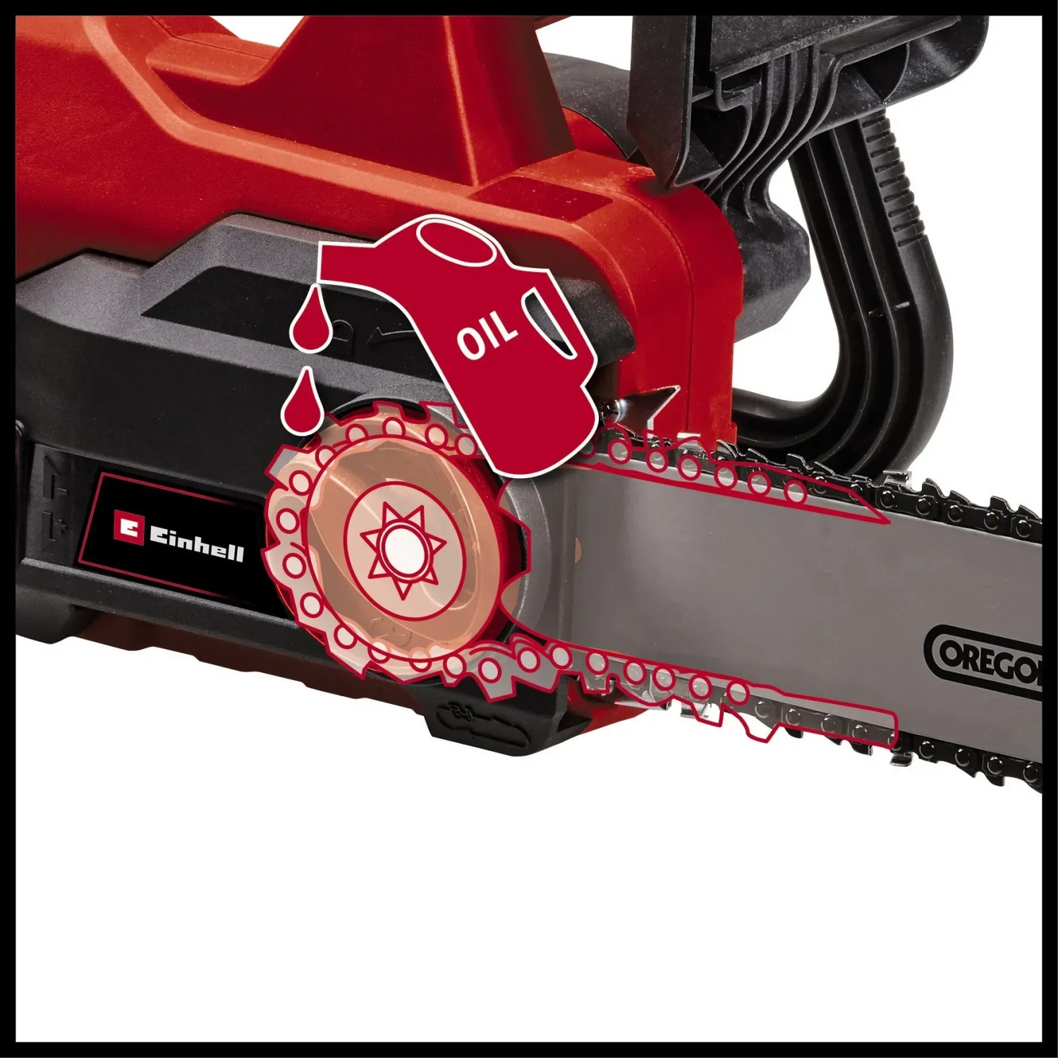 Einhell GC-EC 1935 Elektro-Kettensäge mit Oregon Schwert und Kette, Detailaufnahme.