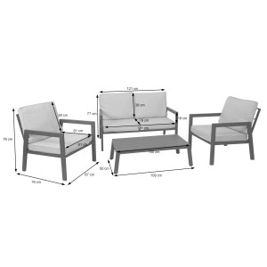 Graue MCW Lounge-Garnitur L64, 4-teilig mit Polstern und Tisch, Maße eingezeichnet.