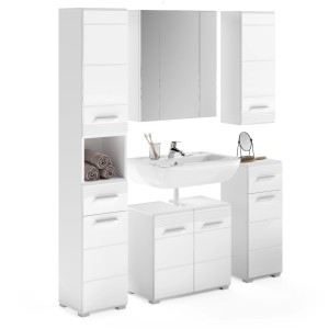 5-teiliges Badmöbel-Set Linus in Hochglanz Weiß mit Spiegelschrank, Waschbeckenunterschrank und Hochschränken.