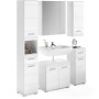5-teiliges Badmöbel-Set Linus in Hochglanz Weiß mit Spiegelschrank, Waschbeckenunterschrank und Hochschränken.