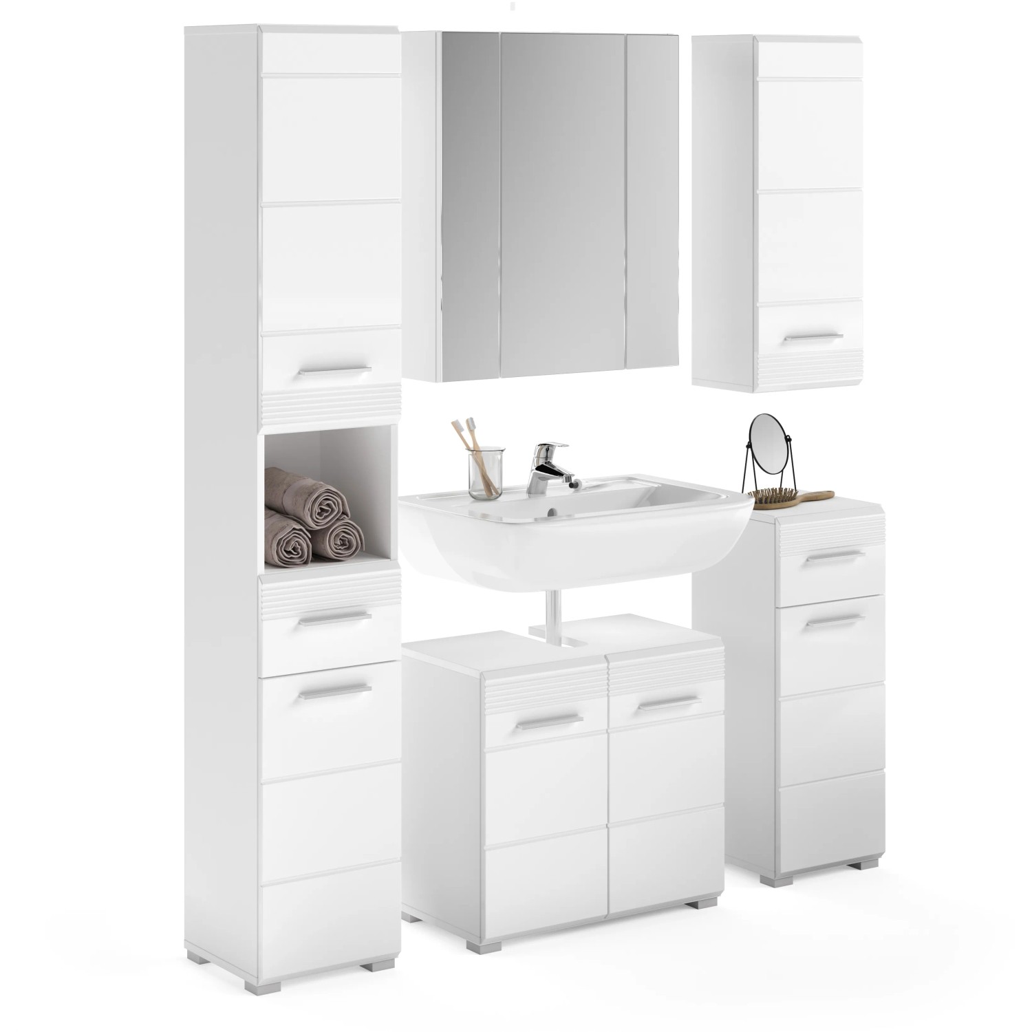 5-teiliges Badmöbel-Set Linus in Hochglanz Weiß mit Spiegelschrank, Waschbeckenunterschrank und Hochschränken.
