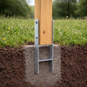 Feuerverzinkter H-Anker Pfostenträger sichert Holzpfosten in Betonfundament im Garten. Robust & stabil.