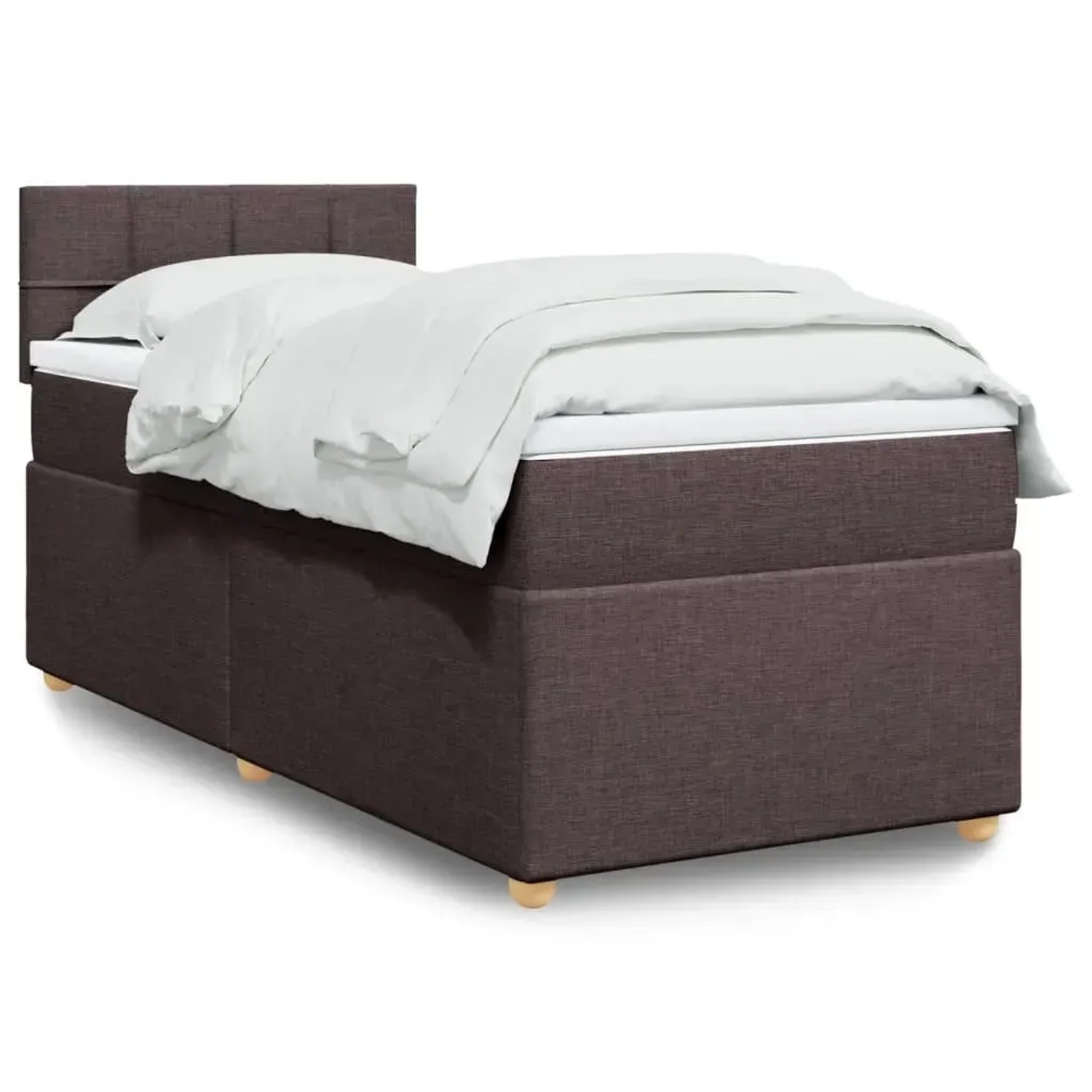 Dunkelbraunes vidaXL Boxspringbett mit Matratze (90x190 cm) und weißer Bettwäsche.