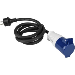CEE Adapterkabel Südeuropa mit Schuko-Stecker und blauem CEE-Stecker.