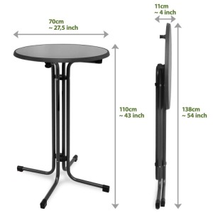 Grauer Beautissu Sylt Stehtisch, ø 70 cm, 110 cm hoch, aufgebaut und platzsparend zusammengeklappt mit Maßen.