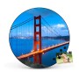 Runde, schwarze Magnettafel mit Golden Gate Bridge Motiv. Wanddekoration, Pinnwand.