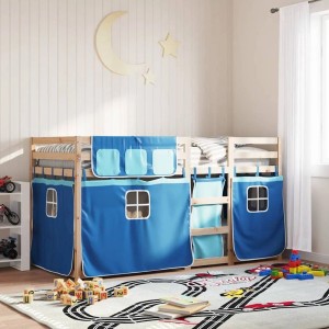 vidaXL Etagenbett mit Vorhängen Blau 90x200 cm Massivholz Kiefer 3283893