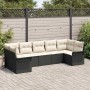 Schwarzes 7-teiliges vidaXL Garten-Sofa-Set aus Poly Rattan mit beigen Kissen.