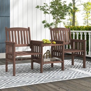 Braune Gartenbank aus Tannenholz mit 2 Sitzen und integriertem 2-stufigem Tisch. Ideal für Terrasse & Balkon.