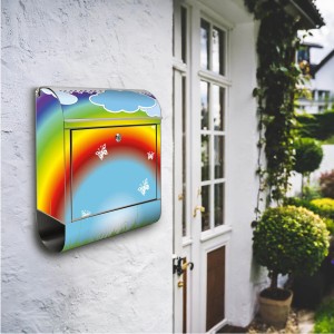 Banjado Edelstahl Briefkasten mit Regenbogen Motiv und Zeitungsfach.