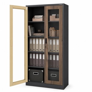 JAN NOWAK Metallschrank mit Vitrine AMELIA 185x90x40 cm Anthrazit Nussbaum