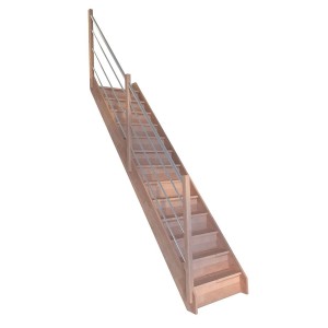 StarWood Treppe Rhodos Buche, gerade, mit Holz-Edelstahl-Geländer links.