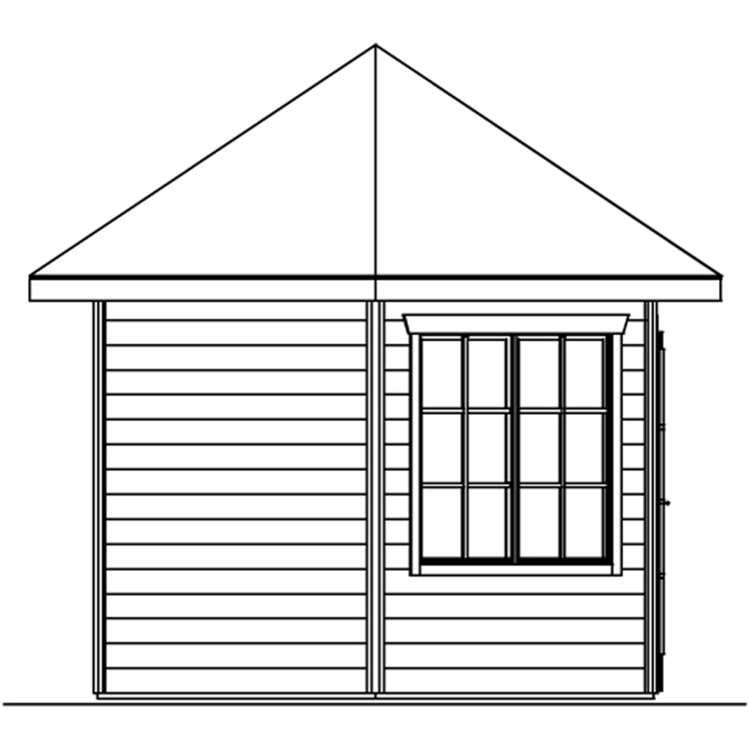 Skizze: Skan Holz Pavillon Almelo, schiefergrau, 350x303 cm, mit Fenster. Gartenlaube aus Holz.