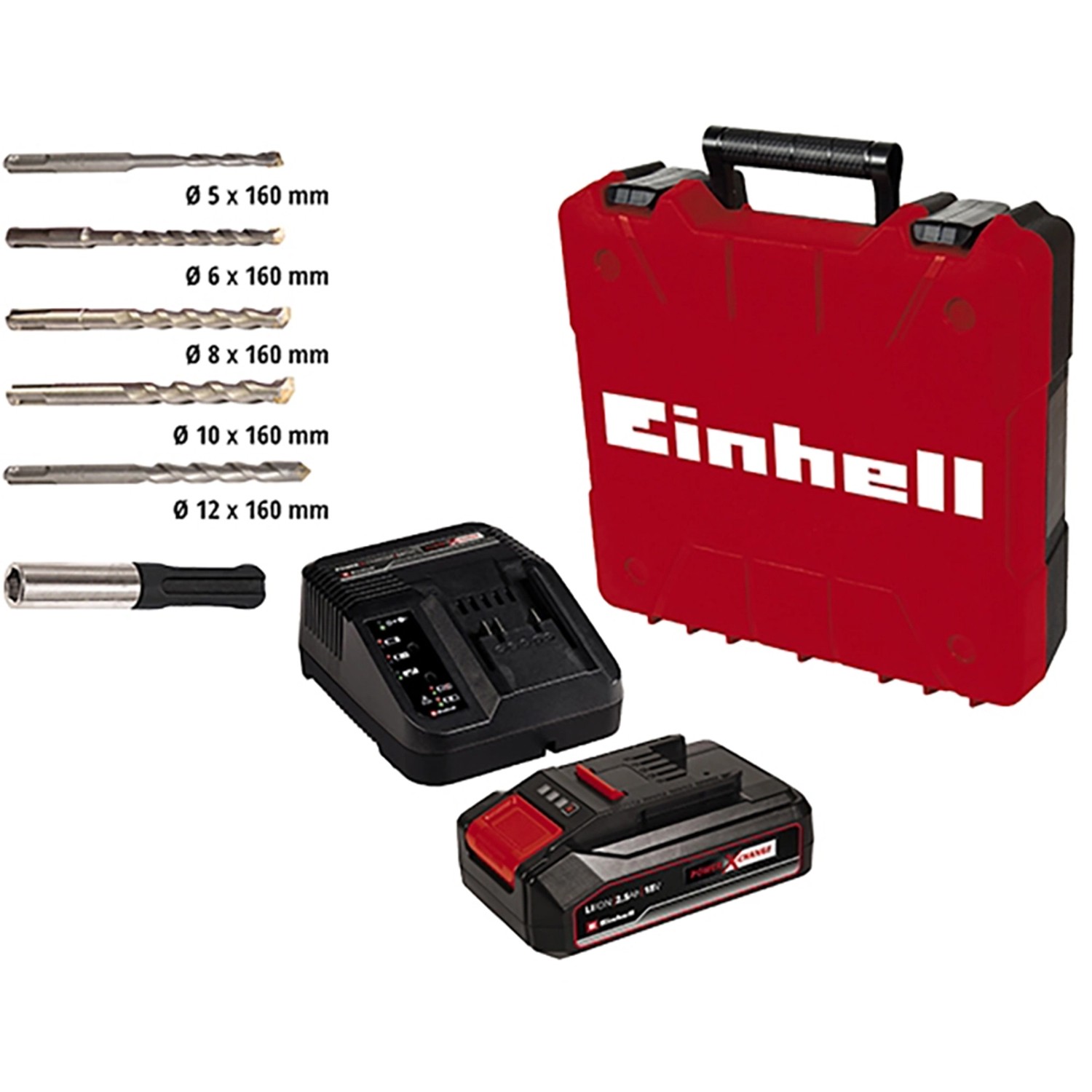 Einhell Akku-Bohrhammer TE-HD 18 Li Set mit Akku, Ladegerät, Bohrer-Set und Koffer.