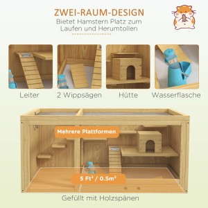 PawHut Hamsterkäfig 100 cm: Holzstall mit Leitern, Schaukeln, Häuschen und Wasserflasche.