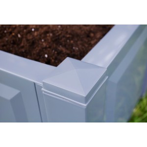 Detailaufnahme: Grauer KHW Rosenbogen Pflanzkasten, Kunststoff, Eckdetail.