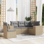 Beige 5-tlg. Garten-Sofagarnitur aus Poly Rattan mit grauen Kissen. Gartenmöbel für Terrasse und Garten.