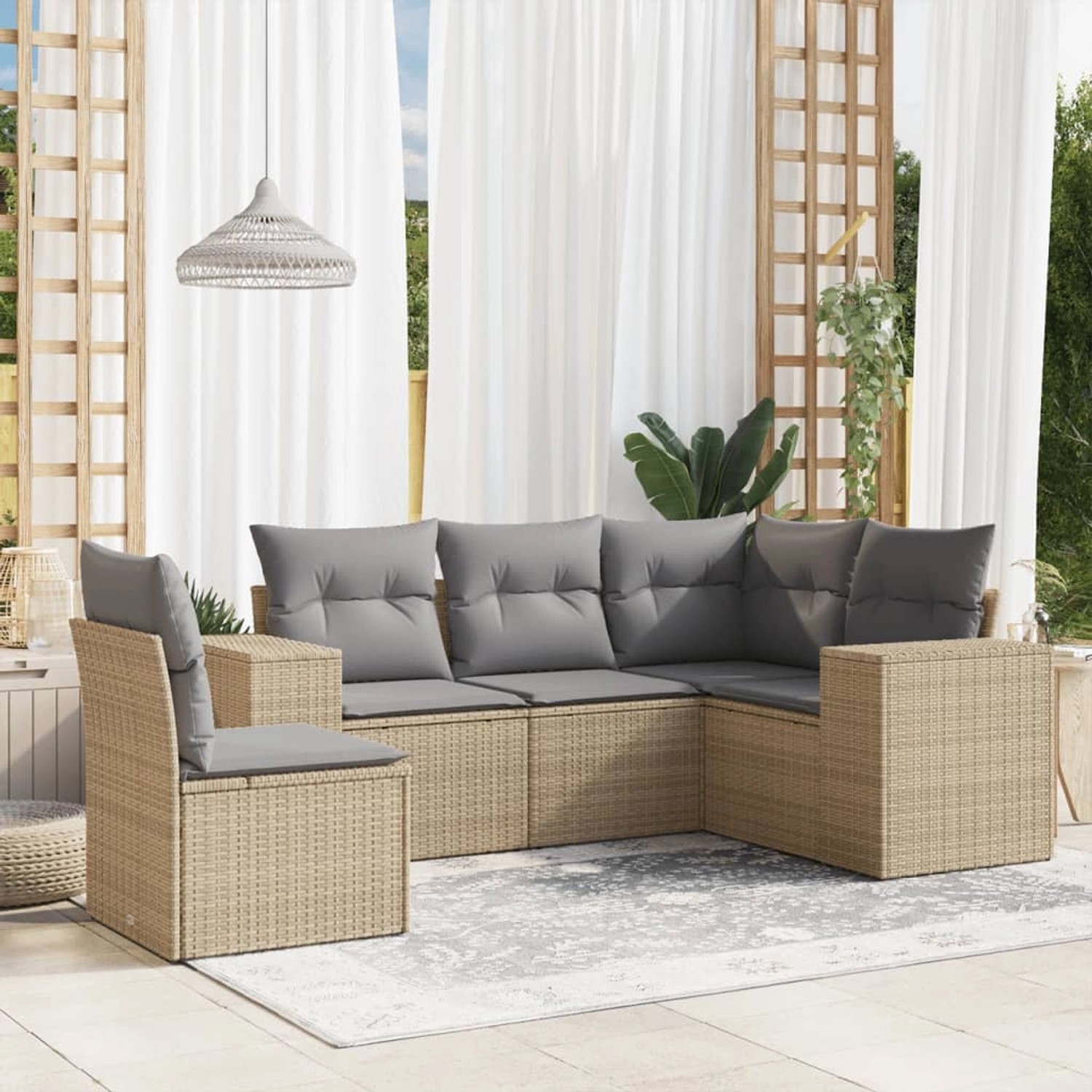 Beige 5-tlg. Garten-Sofagarnitur aus Poly Rattan mit grauen Kissen. Gartenmöbel für Terrasse und Garten.