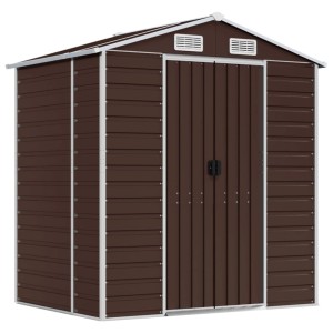 Braunes vidaXL Gerätehaus aus verzinktem Stahl, 191x130x198 cm, mit Doppeltür und Lüftungsgittern.