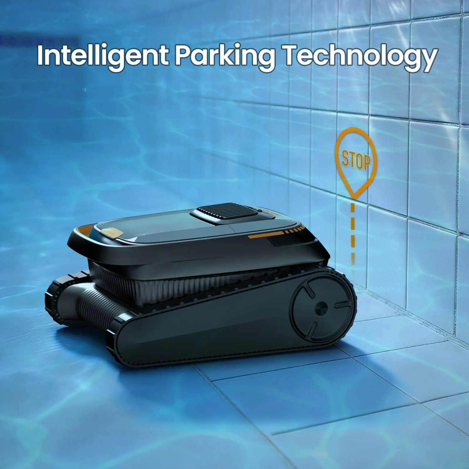 Schwarzer POOL ROYAL Akku-Poolroboter PR10 im Pool mit intelligenter Parktechnologie.