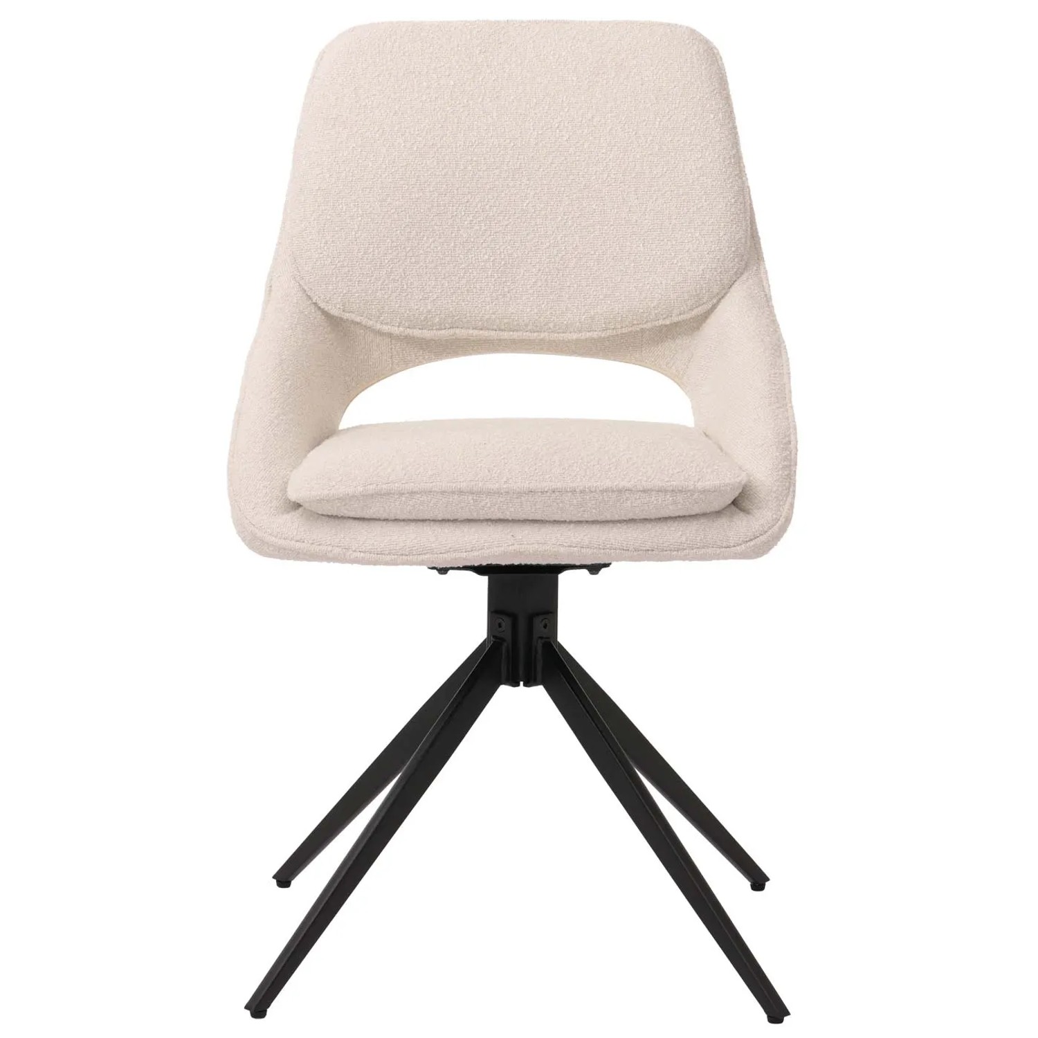 6er-Set: Cremefarbener Esszimmerstuhl mit Bouclé-Bezug und schwarzem Stativgestell.