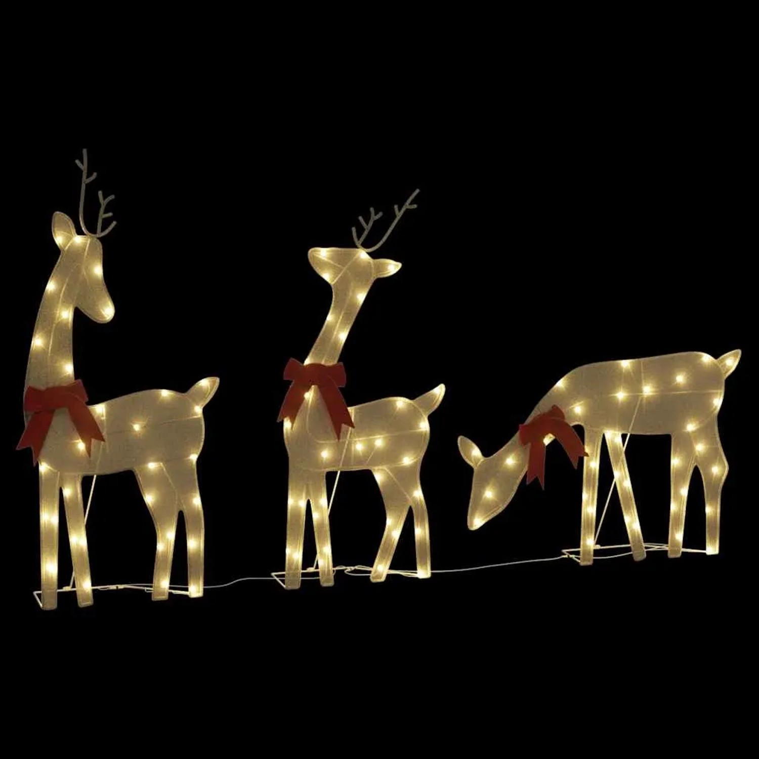 Drei goldene LED-Rentiere mit warmweißem Licht und roten Schleifen als Weihnachtsdekoration für Garten & Balkon.