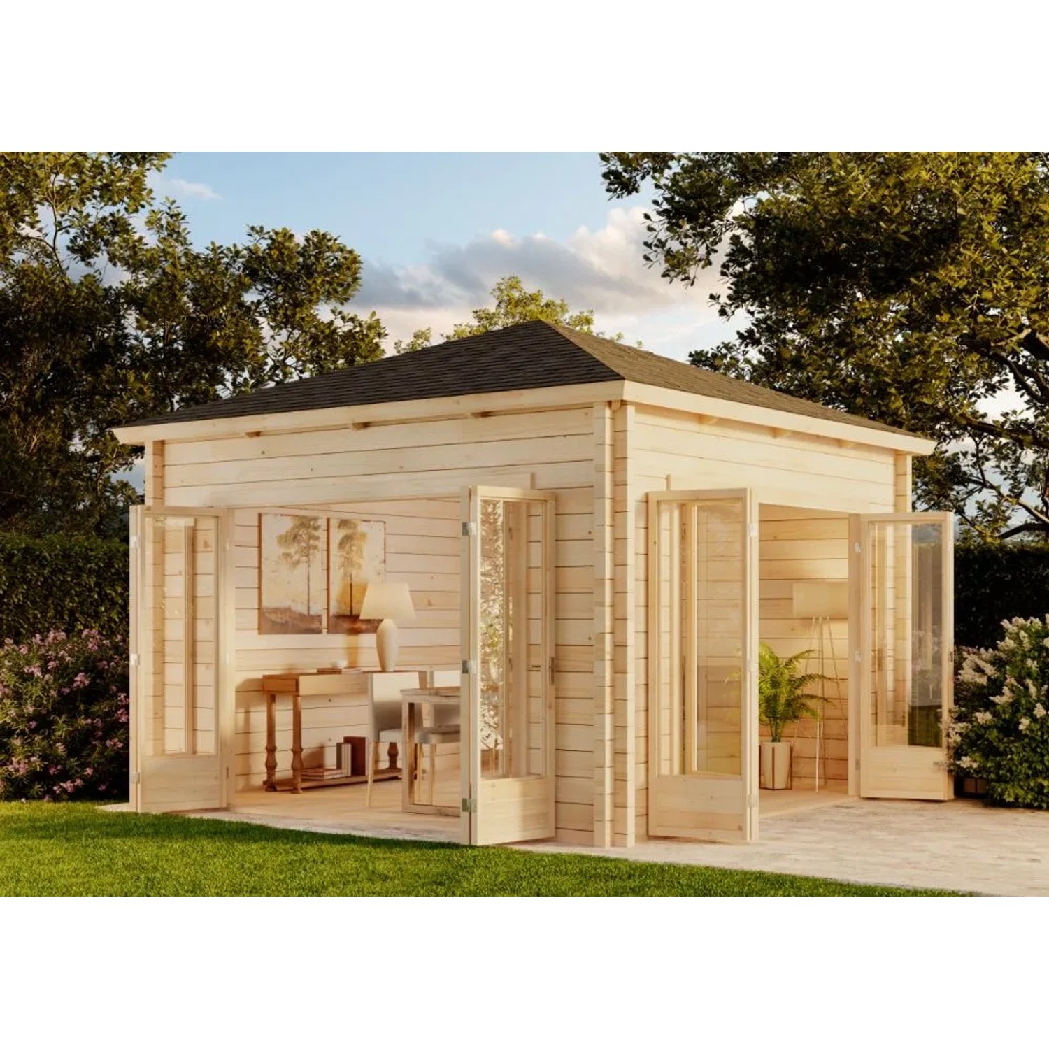 Alpholz Holz-Gartenhaus Sunshine 390x390cm mit großer Falttür Naturbelassen 34mm Wandstärke