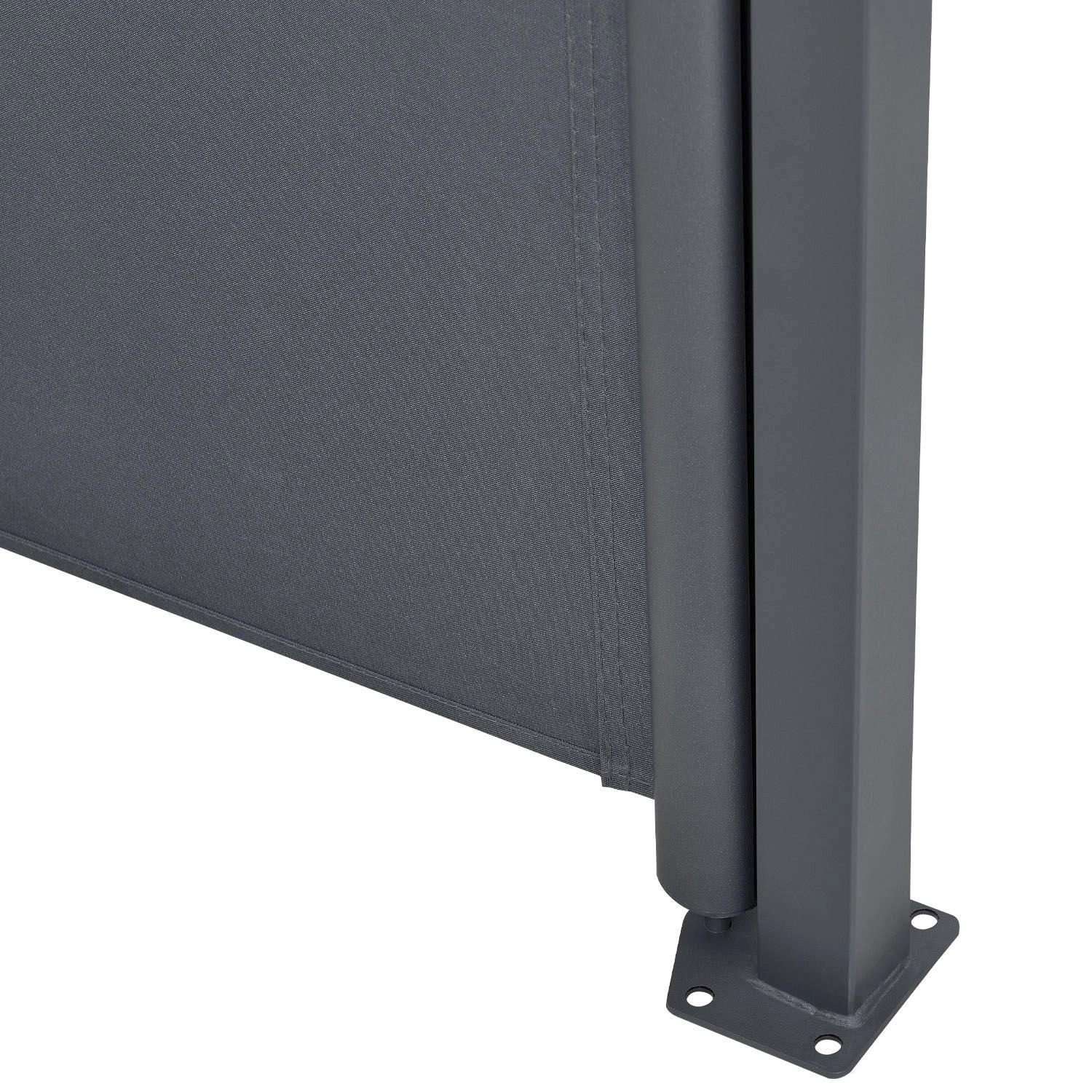 Detailaufnahme: Dunkelgraue Juskys Seitenmarkise Dubai, Stoff und Stahlpfosten.