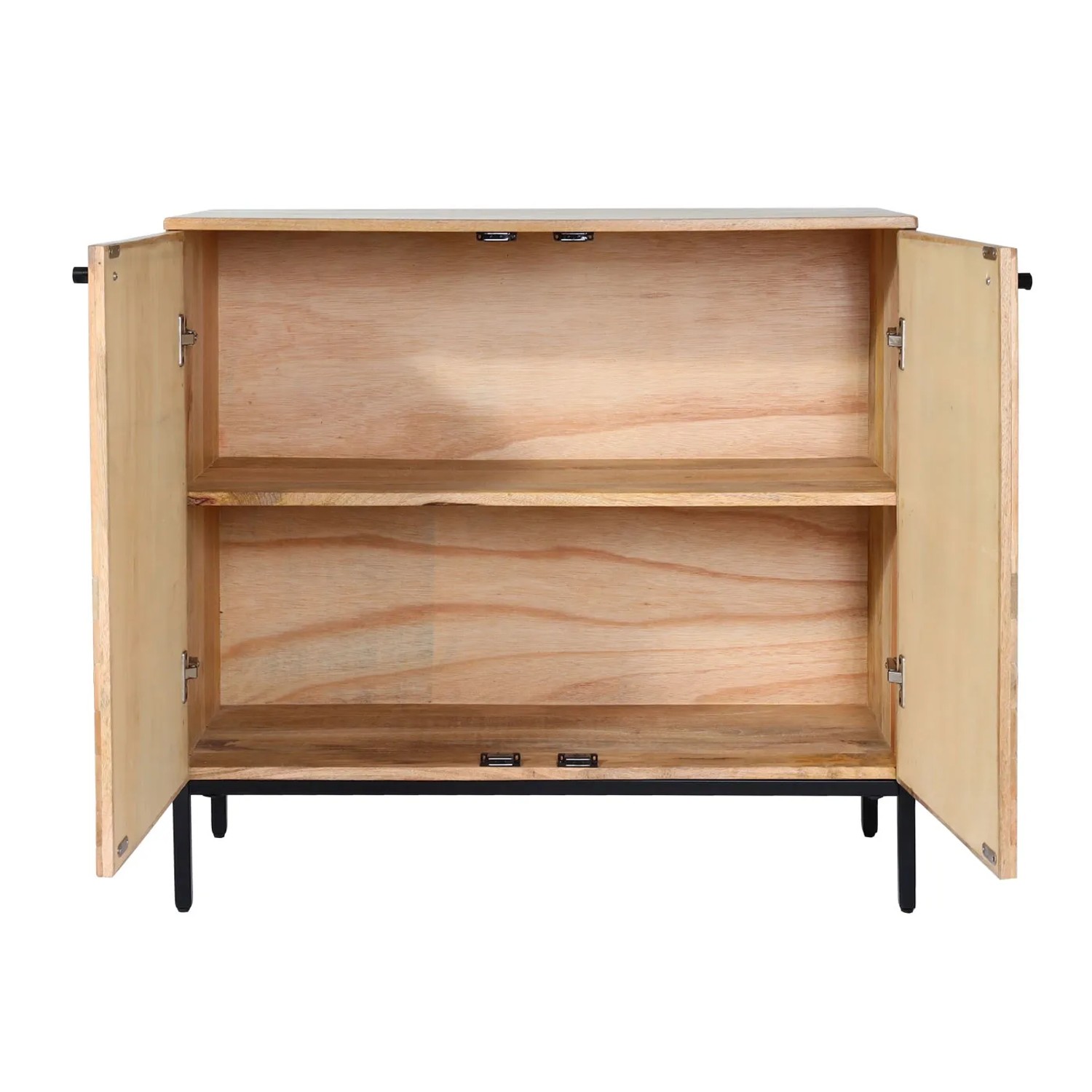 Offenes Highboard L95 aus Mangoholz, 86x90x43cm, mit 2 Türen und 3 Regalböden.