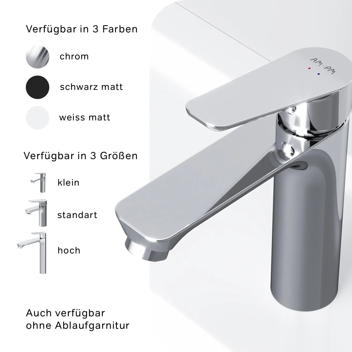 AM.PM Waschtischarmatur Hit M in Chrom, Standard-Größe. Waschbeckenarmatur mit Klick-Ablaufgarnitur.