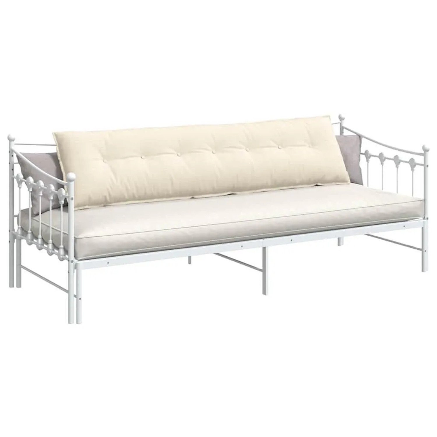 Cremefarbenes vidaXL Rückenkissen (200x50 cm) aus Cordstoff auf weißem Metallbett.