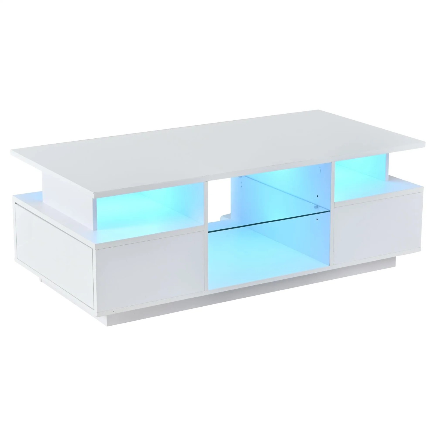okwish Couchtisch mit LED Schubladen Glas Trennwand 100x50x36cm Hochglanz Weiß